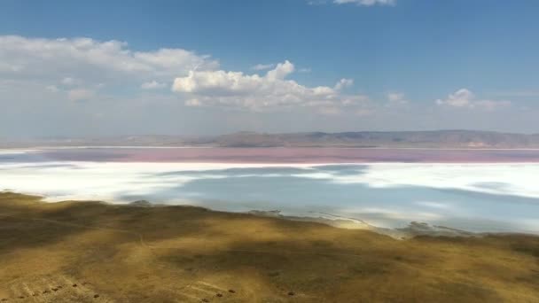 盐湖或咸湖是内陆水体 其盐分和其他溶解矿物质的浓度比大多数湖水高得多 粉红色生机勃勃的碱性碳酸盐固体红色染料苏打水盐藻嗜盐4K — 图库视频影像