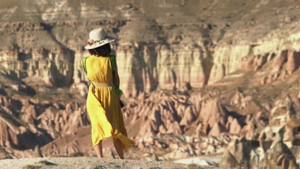 Kobieta Żółtej Sukience Kapeluszu Ogląda Malowniczy Widok Wspaniałe Piaskowca Hoodoos — Wideo stockowe
