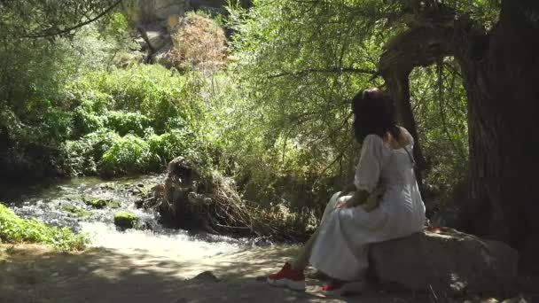 Duas Jovens Amigas Assistindo Vista Pelo Córrego Floresta Mulher Feminina — Vídeo de Stock