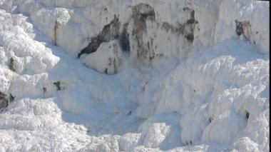 Sudaki kalsiyum karbonat mineraliyle beyaz travertin kayaları. Sıcak bahardan gelen sularla birikmiş editörler. Travertines teras oluşumları. Pamuk kalesi doğal dünya mirası alanı kireçtaşı anadolu seyahat yeri..