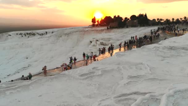 Ziyaretçiler Turistler Kalsiyum Karbonat Geçitlerini Geziyorlar Travertin Teras Oluşumları Sıcak — Stok video