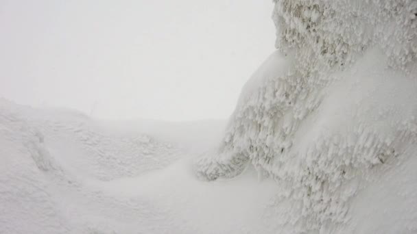 Sněhové Vrstvy Hromadí Skále Tvrdé Bouřlivé Chladné Počasí Zimě Padající — Stock video