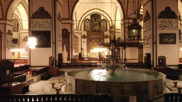 噴水のインテリア世界で最も美しい巨大なモスク ミナレットのマスジド神秘的な神の宗教神秘的な永遠の宗教イスラム崇拝の場所ミフラーブ豪華な壮大な壮大な壮大な美しさパターンの入り口唐草書道4K — ストック動画
