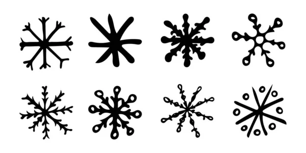 Dibujo dibujado a mano en blanco y negro garabato copos de nieve ilustración. Conjunto vectorial de nieve para Navidad, Navidad y año nuevo. — Archivo Imágenes Vectoriales