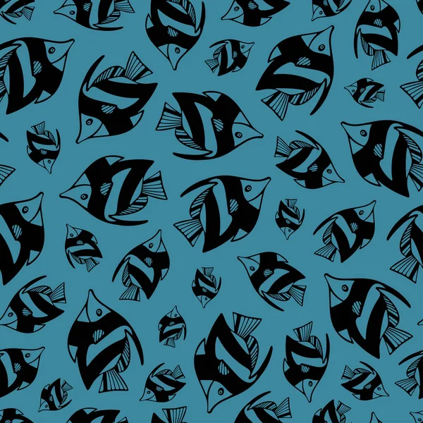 Nahtloses Muster Mit Schwarzem Fisch Auf Blauem Hintergrund Muster Für — Stockvektor