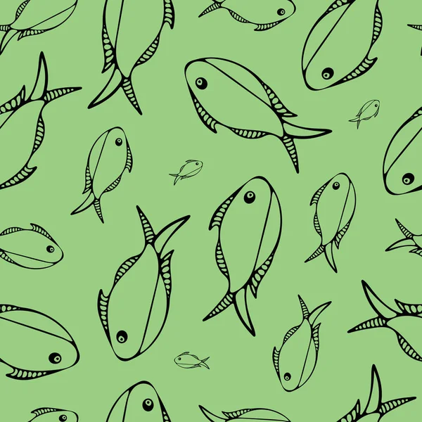 Nahtloses Muster Mit Schwarzem Fisch Auf Grünem Hintergrund Muster Für — Stockvektor