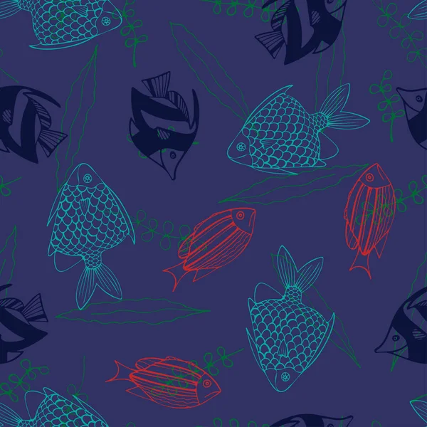 Nahtloses Muster Mit Blauen Grünen Und Roten Fischen Auf Dunkelblauem — Stockvektor