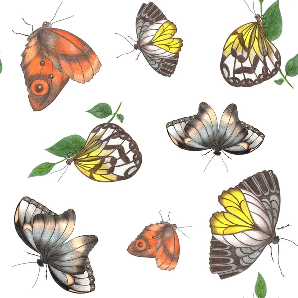 Motýli různých velikostí na bílém pozadí. Bezešvý vzor s motýlem. — Stock fotografie