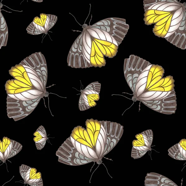 Farfalle di varie dimensioni su sfondo nero. Modello senza cuciture con farfalla. — Foto Stock