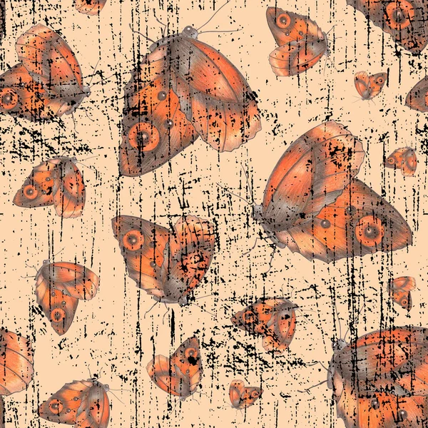 Mariposas retro de varios tamaños sobre fondo naranja. Patrón retro sin costuras con mariposa. —  Fotos de Stock