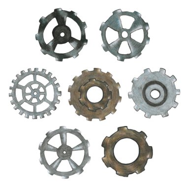 El yapımı Steampunk Vites Aktarım Elemanı Beyaz Arkaplanda izole edildi. Renkli Kalem Çizim Metal Gear Resimlerinin Koleksiyonu.