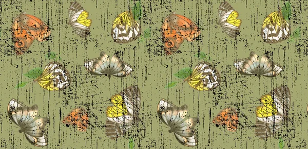Carta Digitale Disegnata Mano Farfalle Colorate Varie Dimensioni Sfondo Verde — Foto Stock