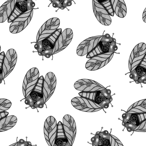 Blanco y negro Steampunk Cicada dibujado a mano patrón sin costuras. Cicada Dibujado por Crayón. —  Fotos de Stock