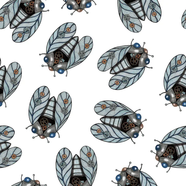 Steampunk Cicada fehér háttérrel. Zökkenőmentes minta Steampunk Cicada. — Stock Fotó