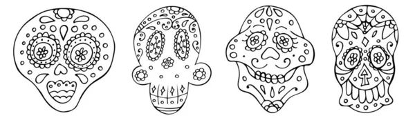 Ensemble Scull Traditionnel Mexicain Noir Blanc Dessiné Main Collection Symboles — Image vectorielle