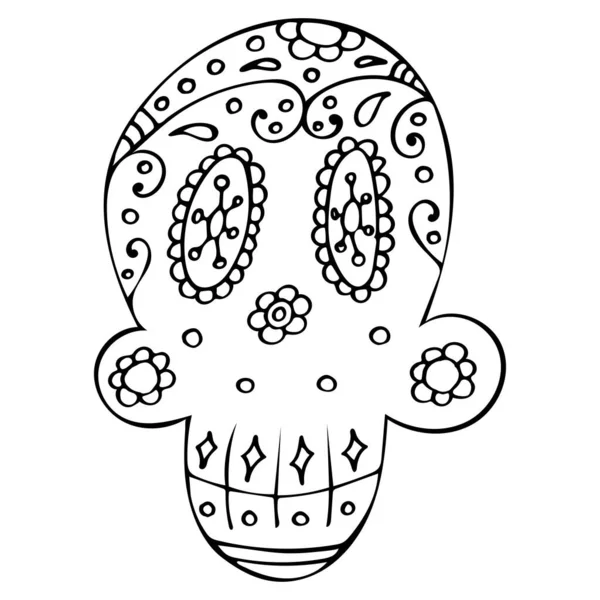 黒と白の伝統的なメキシコの手描きの頭蓋骨 Dia Muertosホリデーシンボルでスケッチスタイル ぬりえページ — ストックベクタ