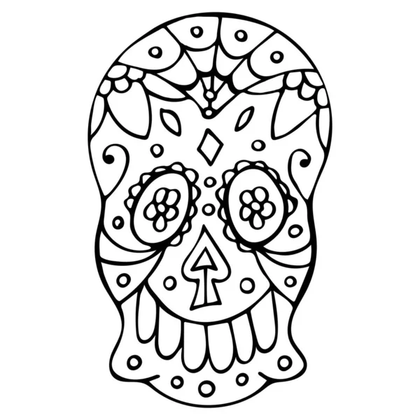黒と白の伝統的なメキシコの手描きの頭蓋骨 Dia Muertosホリデーシンボルでスケッチスタイル ぬりえページ — ストックベクタ