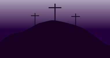 Süvarili üç haçlı pankart. Paskalya için resim. Çarmıha gerilme, günbatımının arka planında. Resim yükle.