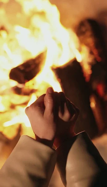 Woman Warming Her Hands Bonfire Cold Night Time — Stock Photo, Image