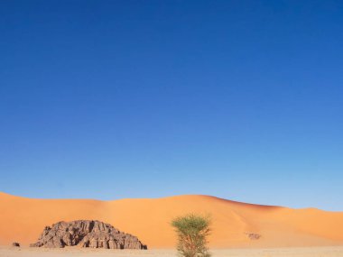 Sahra Çölü 'ndeki Kızıl Tadrart' ın kaya oluşumları ve altın tepecikleri. Berrak bir gökyüzünün altında çarpıcı bir doğal manzara. Sahra Çölü, Cezayir 'de gün doğumunda kum tepeleri ve kaya oluşumlarıyla Kızıl Tadrart' ın manzarası.