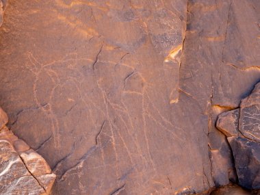 Sahra Çölü 'ndeki Red Tadrart' ın kaya resimleri. İnsan ve hayvan sahnelerini tasvir eden tarih öncesi sanat eserleri..