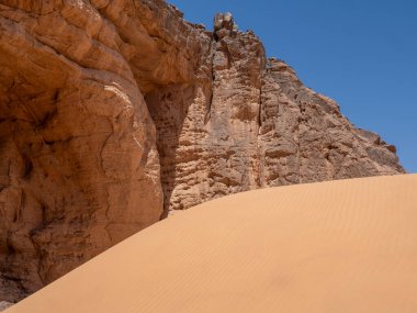 Sahra Çölü 'ndeki Red Tadrart' ın kaya resimleri. İnsan ve hayvan sahnelerini tasvir eden tarih öncesi sanat eserleri..