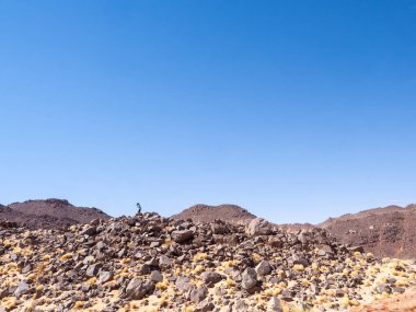 Kızıl Tadrart 'ın çöl manzarası. Mavi gökyüzünün altında kaya oluşumları ve altın kum. Cezayir Sahra 'sının doğal manzarası.