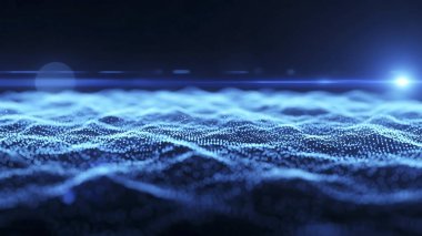 Dalgalı soyut mavi arkaplan. Parlayan noktaların arkaplanındaki bir dijital dalganın 3 boyutlu görüntüsü.