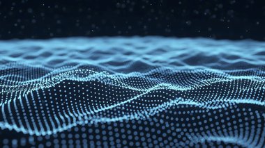 Dalgalı soyut mavi arkaplan. Parlayan noktaların arkaplanındaki bir dijital dalganın 3 boyutlu görüntüsü.
