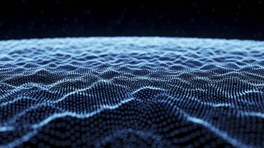 Dalgalı soyut mavi arkaplan. Parlayan noktaların arkaplanındaki bir dijital dalganın 3 boyutlu görüntüsü.