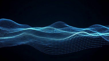 Dalgalı soyut mavi arkaplan. Parlayan noktaların arkaplanındaki bir dijital dalganın 3 boyutlu görüntüsü.