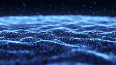 Dalgalı soyut mavi arkaplan. Parlayan noktaların arkaplanındaki bir dijital dalganın 3 boyutlu görüntüsü.