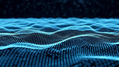 Dalgalı soyut mavi arkaplan. Parlayan noktaların arkaplanındaki bir dijital dalganın 3 boyutlu görüntüsü.