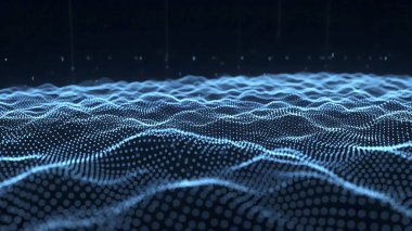 Dalgalı soyut mavi arkaplan. Parlayan noktaların arkaplanındaki bir dijital dalganın 3 boyutlu görüntüsü.