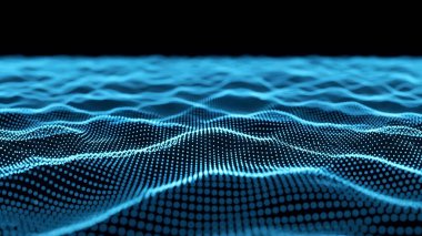 Dalgalı soyut mavi arkaplan. Parlayan noktaların arkaplanındaki bir dijital dalganın 3 boyutlu görüntüsü.