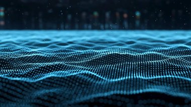 Dalgalı soyut mavi arkaplan. Parlayan noktaların arkaplanındaki bir dijital dalganın 3 boyutlu görüntüsü.