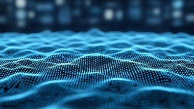 Dalgalı soyut mavi arkaplan. Parlayan noktaların arkaplanındaki bir dijital dalganın 3 boyutlu görüntüsü.