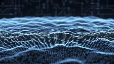 Dalgalı soyut mavi arkaplan. Parlayan noktaların arkaplanındaki bir dijital dalganın 3 boyutlu görüntüsü.