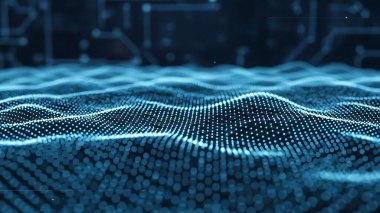 Dalgalı soyut mavi arkaplan. Parlayan noktaların arkaplanındaki bir dijital dalganın 3 boyutlu görüntüsü.