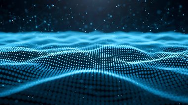 Dalgalı soyut mavi arkaplan. Parlayan noktaların arkaplanındaki bir dijital dalganın 3 boyutlu görüntüsü.