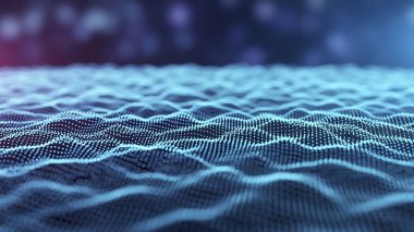 Dalgalı soyut mavi arkaplan. Parlayan noktaların arkaplanındaki bir dijital dalganın 3 boyutlu görüntüsü.