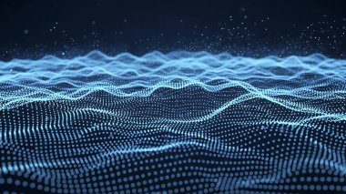 Dalgalı soyut mavi arkaplan. Parlayan noktaların arkaplanındaki bir dijital dalganın 3 boyutlu görüntüsü.