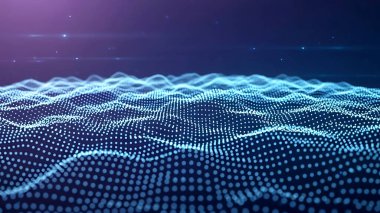 Dalgalı soyut mavi arkaplan. Parlayan noktaların arkaplanındaki bir dijital dalganın 3 boyutlu görüntüsü.