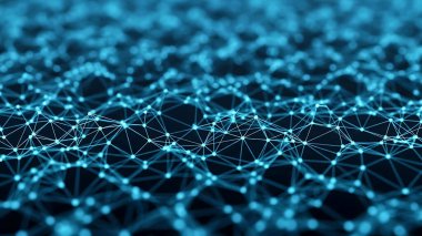 Dalgalı soyut mavi arkaplan. Parlayan noktaların arkaplanındaki bir dijital dalganın 3 boyutlu görüntüsü.