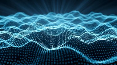 Dalgalı soyut mavi arkaplan. Parlayan noktaların arkaplanındaki bir dijital dalganın 3 boyutlu görüntüsü.