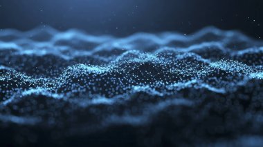 Dalgalı soyut mavi arkaplan. Parlayan noktaların arkaplanındaki bir dijital dalganın 3 boyutlu görüntüsü.