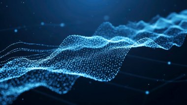 Dalgalı soyut mavi arkaplan. Parlayan noktaların arkaplanındaki bir dijital dalganın 3 boyutlu görüntüsü.