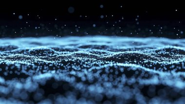 Dalgalı soyut mavi arkaplan. Parlayan noktaların arkaplanındaki bir dijital dalganın 3 boyutlu görüntüsü.