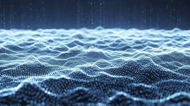 Dalgalı soyut mavi arkaplan. Parlayan noktaların arkaplanındaki bir dijital dalganın 3 boyutlu görüntüsü.