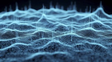 Dalgalı soyut mavi arkaplan. Parlayan noktaların arkaplanındaki bir dijital dalganın 3 boyutlu görüntüsü.